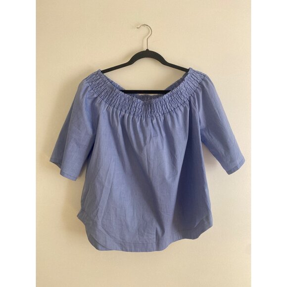 NWT NY&C 7th Avenue Oxford Blue Off-the-Shoulder Smocked Women’s Blouse Size L - Picture 1 of 6